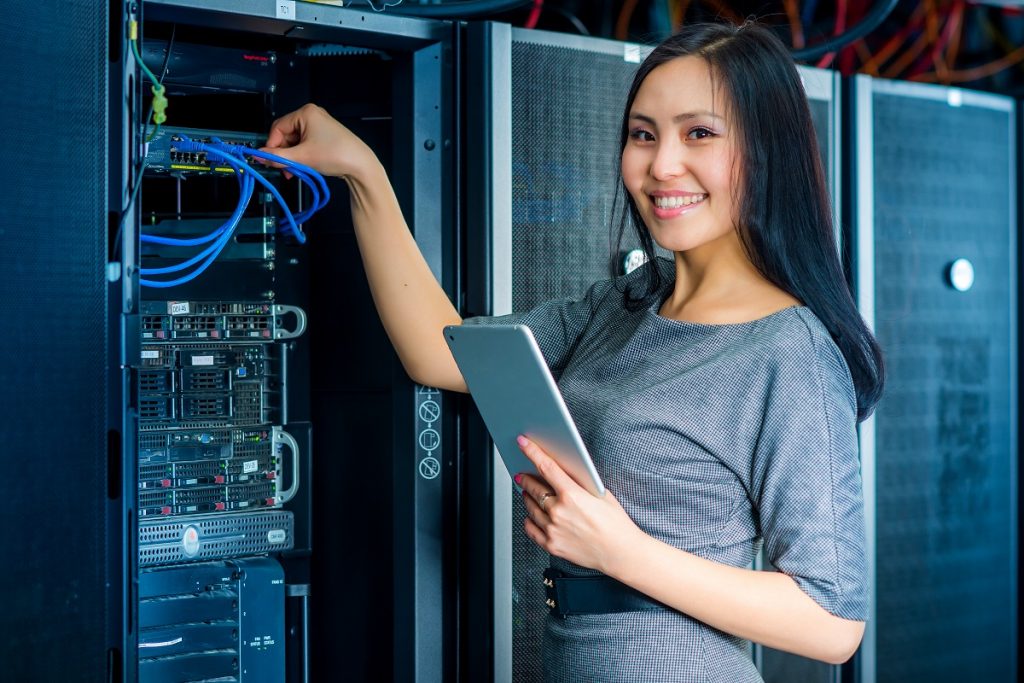 woman fixing the server